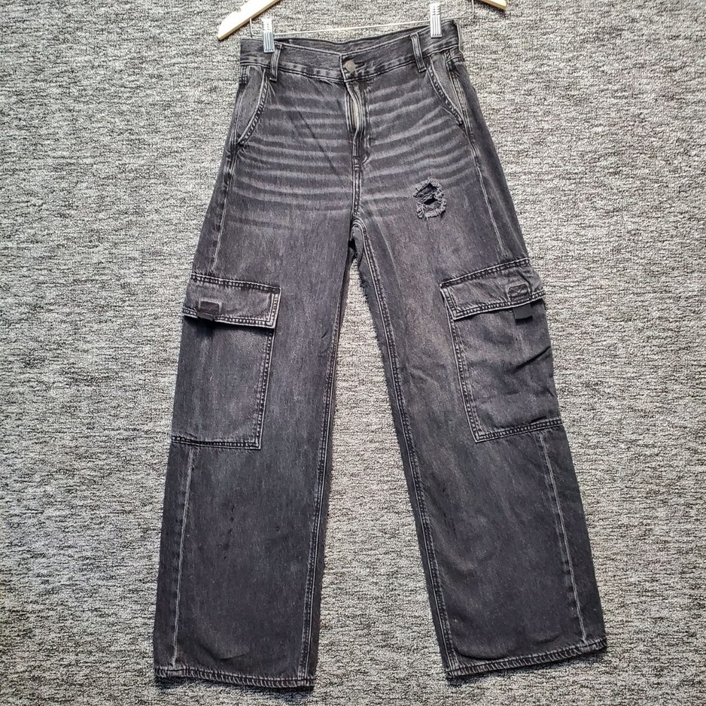 American Eagle Jeans Womens 0 Black Distressed Cargo Wide Leg Denim Pants
